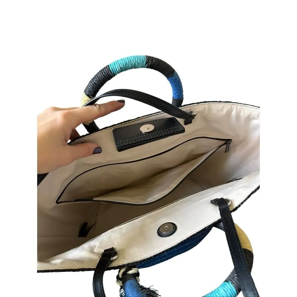 Rebecca Minkoff Woven Straw Tote Shoulder Bag Tan‎ Blue Teal